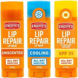 O’Keeffe’s Lip Repair Lip Balm Set for Dry, Cracked Lips – Stick (Pack of 3: 1 Cooling + 1 Unscented + 1 SPF) – Moisturizer for for Extremely Cracked, Dry Lips